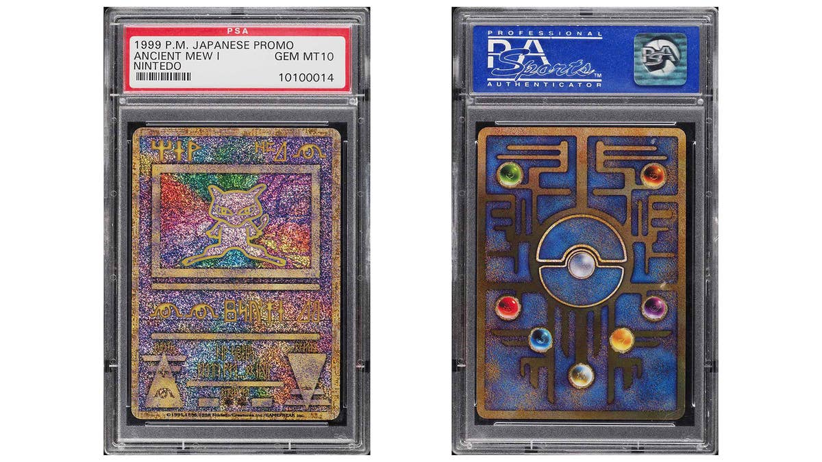 A rare Ancient Mew Pokémon card in perfect condition, typo and all