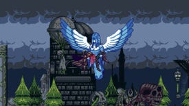 A screenshot of the Castlevania platformer game Angel's Gear where a blue angel is holding aloft the body of the protagonist