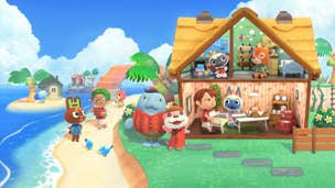 Several anthropomorphic animals and a minority of human villagers frolic against the backdrop of a tropical archipelago. The left-hand side of the image shows a beach with palm trees and smaller islands in the distance, while the right-hand shows a cut-away of a two-storey house with a living room downstairs and a bedroom and craft room upstairs.