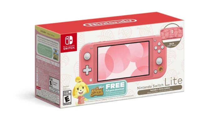 A store image showing a coral-coloured Switch Lite set with Isabelle from Animal Crossing on the box. A zoomed-in section shows a Nook Inc. leaf pattern on the back of the Switch casing.