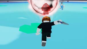 A Roblox character hits a glowing ball with a weapon in the game Anime Ball.