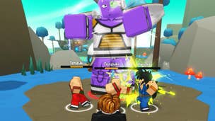 A trio of anime heroes fight a large enemy in the popular Roblox game Anime Champions Simulator.