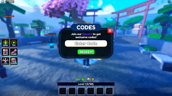 A screenshot of Anime Last Stand in Roblox showing the game's codes menu.