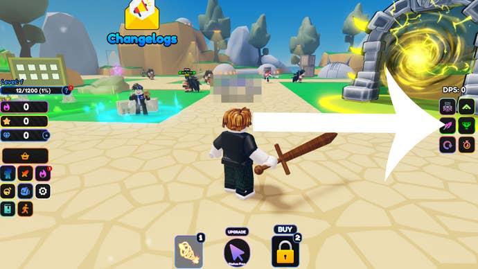 Image showing Roblox game Anime Lost Simulator and an arrow pointing at the button players need to press to redeem a code.