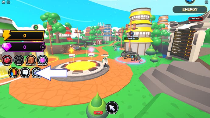 Anime Punch -Simulator in Roblox 'Lobby, wobei ein Pfeil auf die Codes -Taste zeigt