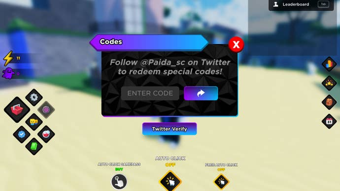 The screen that's needed to redeem a code shown in Roblox game Anime Souls Simulator