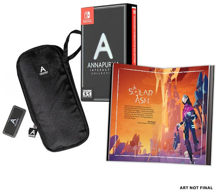 Alles, was in der physischen Annapurna Interactive Deluxe Limited Edition Collection für den Nintendo Switch enthalten ist: eine Konsolen-Aufbewahrungshülle, eine Spiele-Folio-Hülle und ein Artbook.