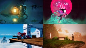 Games shown at Annapurna's showcase, clockwise from the top left: Outer Wilds, Solar Ash, The Artful Escape, and Neon White.