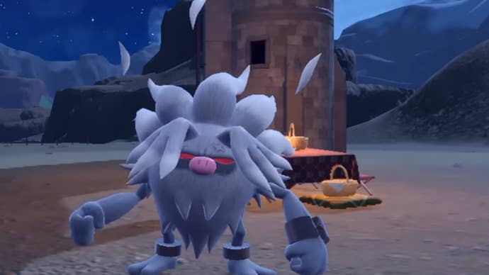 How to evolve Primeape and get Annihilape: A ball of grey fluff with arms, legs, and angry eyes stands in front of a campfire