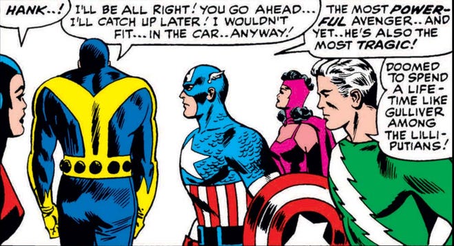 Hank having a maudlin reaction to his new default size, in Avengers #29.