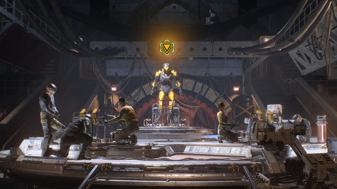 Mystical warriors gather around a podium in Anthem