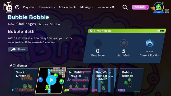 Antstream Arcade screenshot showing a Bubble Bobble challenge: "With 5 lives available, how many times can you use the water to ride off the screen in 3 minutes?"