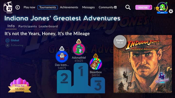 An Antstream leaderboard for an Indiana Jones' Greatest Adventures tournament titled "It's not the years, honey. It's the mileage"