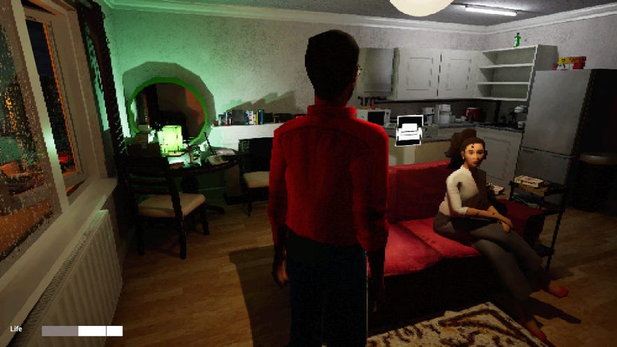Two people in a flat in an Apartment Story screenshot.