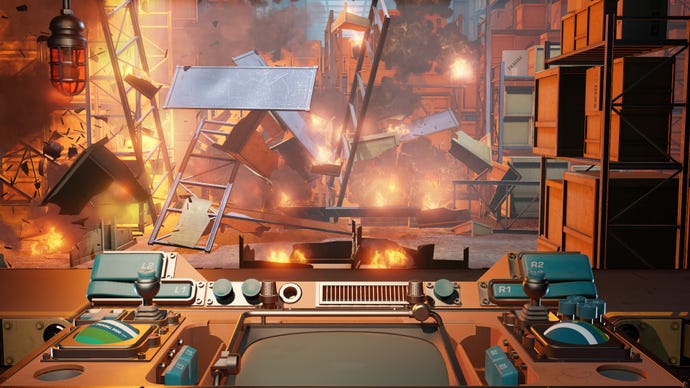 A scene from Aperture Desk Job showing a burning factory behind the player's control console.