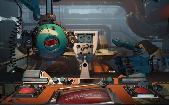 A blue personality core looks at you while presenting a toilet turret to you in Aperture Desk Job
