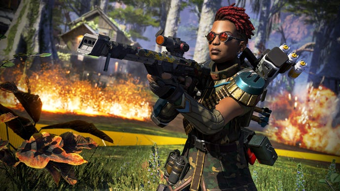 Screenshot Bangalore Apex Legends pomocou trojitého záberu s optickým pripútaním