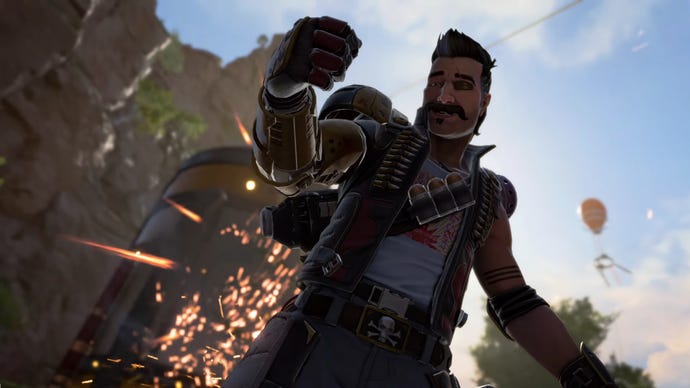 An Apex Legends screenshot of Fuse celebrating in front of explosives caused by his Knuckle Cluster Tactical ability.