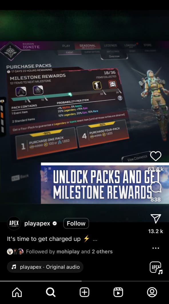 Screenshot of Apex Legend FF7 crossover event video from Instagram showing pack details