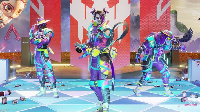 Apex Legends, official Respawn art of Seer, Catalyst and Bloodhound in their Anniversary Collection Event skins for 2023.