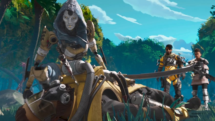 From an Apex Legends cinematic: Ash crouches over a dead Legend and uses her passive ability to find out where their killers are.