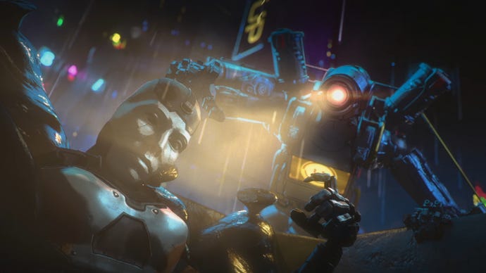 A screenshot from an Apex Legends cinematic: Ash is found in a dumpster by Pathfinder.