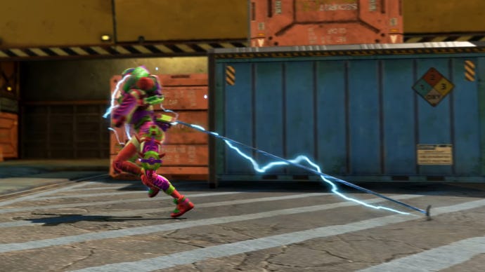 From an Apex Legends cinematic: Wattson is caught and tethered by Ash's Arc Snare Tactical ability.