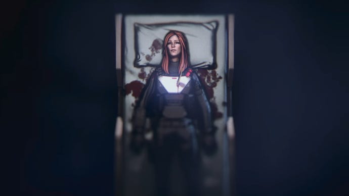 A screenshot from an Apex Legends cinematic: Dr Ashleigh Reid lies on a hospital bed, mortally wounded.