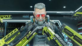 Apex Legends' new character Ballistic, an older man with grey hair and a goatee, with half a dozen weapons pointed at him