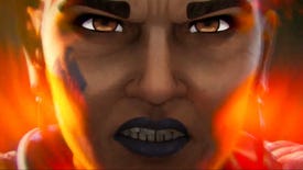 A close-up of Mad Maggie's angry face in the Apex Legends Defiance launch trailer.