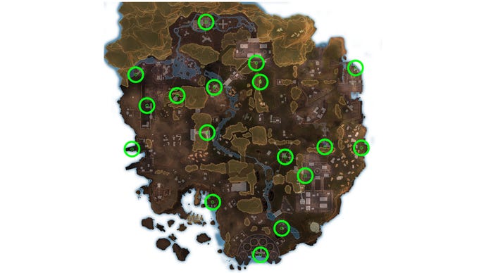 A map of Kings Canyon in Apex Legends, with all the possible holo spray locations for the Season 9 Invitation challenge highlighted.