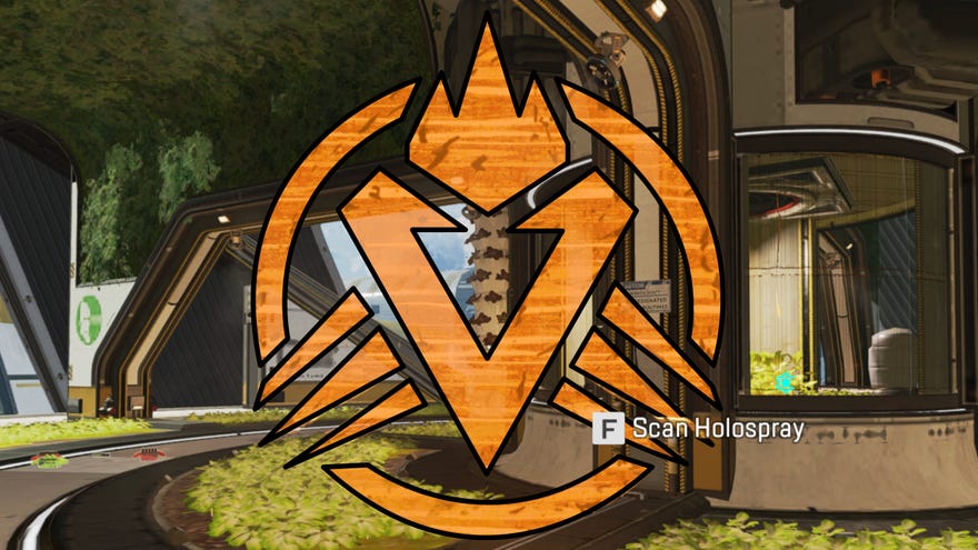 A screenshot of one of the Season 9 teaser holo sprays in Apex Legends. The image has been edited to highlight the holo spray symbol.