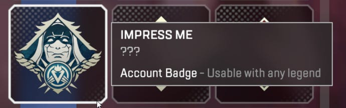 A screenshot of the "Impress Me" badge in Apex Legends, given to players who complete the holo spray challenge.