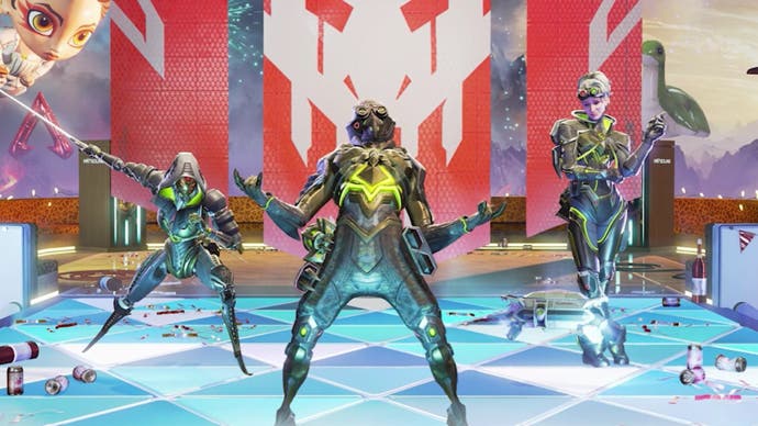 Apex Legends, official Respawn Anniversary Collection event artwork of Ash, Octane, and Horizon in event skins.