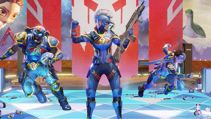 Apex Legends, official Respawn art of Newcastle, Bangalore, and Wraith in their Cosmic Skins for the Fourth Anniversary of Apex.