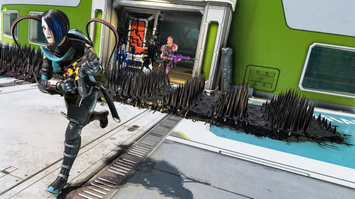 Apex Legends, Catalyst is running in front of her Piercing Spikes that have trapped Maggie behind them.