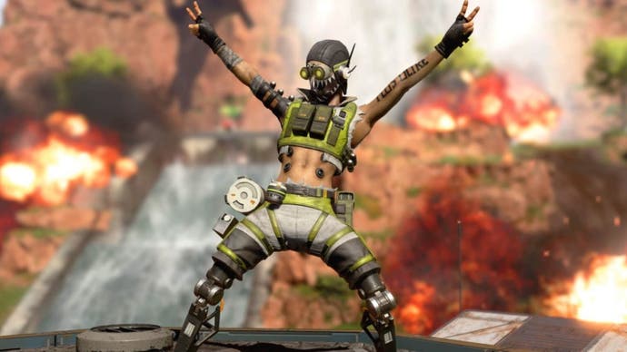 Apex Legends, immagine ufficiale Respawn di un eccitato Octane che regge con le mani due segni di pace.