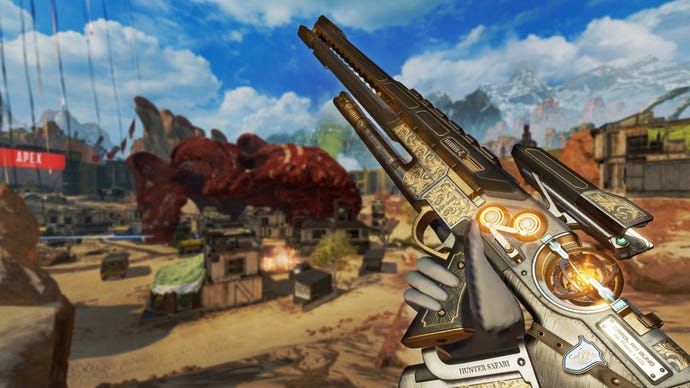 An Apex Legends screenshot of a player inspecting their new Triple Take sniper rifle skin on the outskirts of the Relic point of interest.