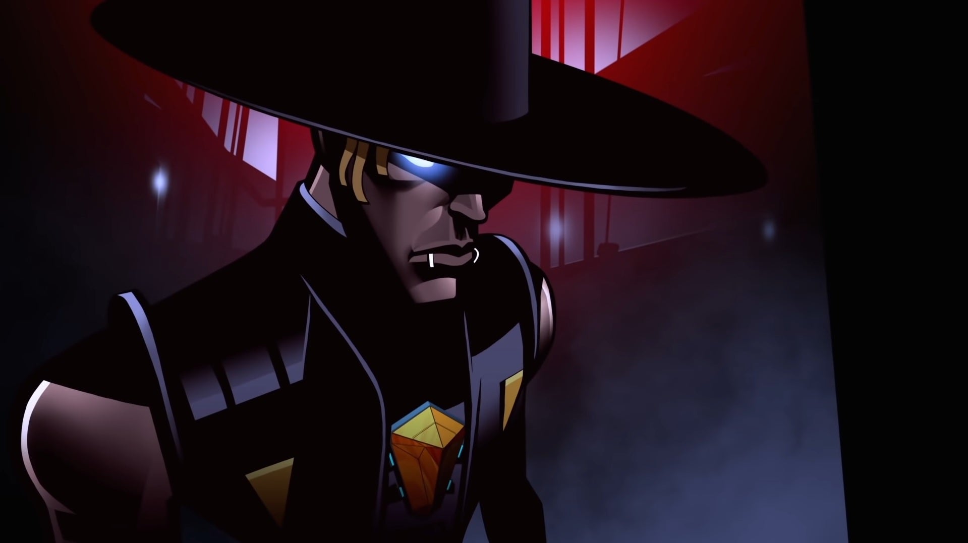 Apex Legends character Seer - he wears a wide-brimmed hat to cover his glowing, blue eyes and has a gold crystal on his chest.