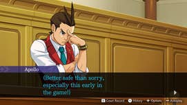 Apollo Justice frowns in concentration while pressing a finger into his forehead. Text reads ("Better safe than sorry, especially this early in the game!)"