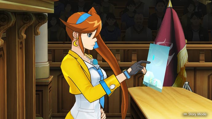 Captura de pantalla de Apollo Justice Trilogy que muestra a un personaje femenino señalando un documento en la corte