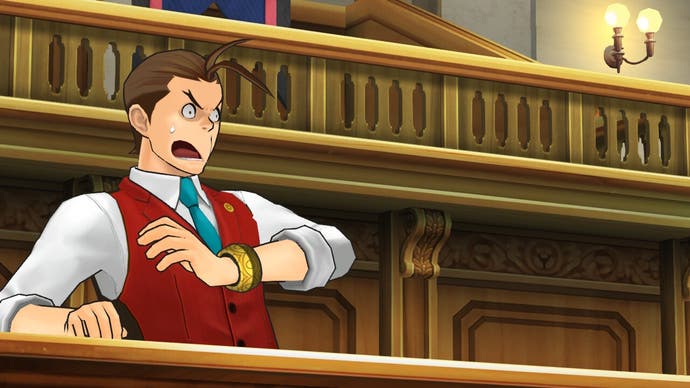 Captura de pantalla de Apollo Justice Trilogy que muestra a Apollo Justice luciendo ofendido en la corte