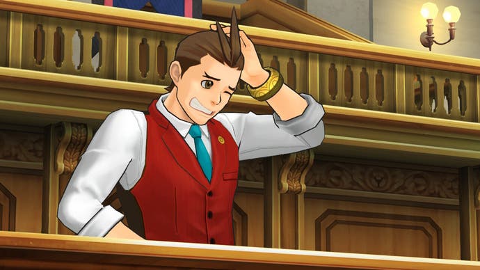 Captura de pantalla de Apollo Justice Trilogy que muestra a Apollo Justice luciendo avergonzado en la corte