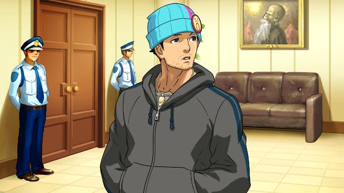 Apollo Justice Trilogy screenshot showing a character in a beany looking nonchalant