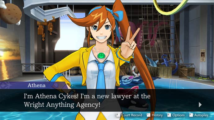 Athena Cykes introduces herself in Ace Attorney: Dual Destinies.
