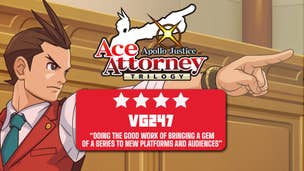 Apollo Justice performing the iconic Ace Attorney finger point under the VG247 review header. Text reads: "doing the good work of bringing a gem of a series to new platforms and audiences".