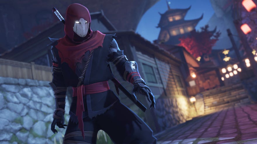 A ninja stands in close up with a pagoda tower in the background in Aragami 2