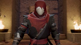 A close-up portrait of the main ninja character from Aragami 2