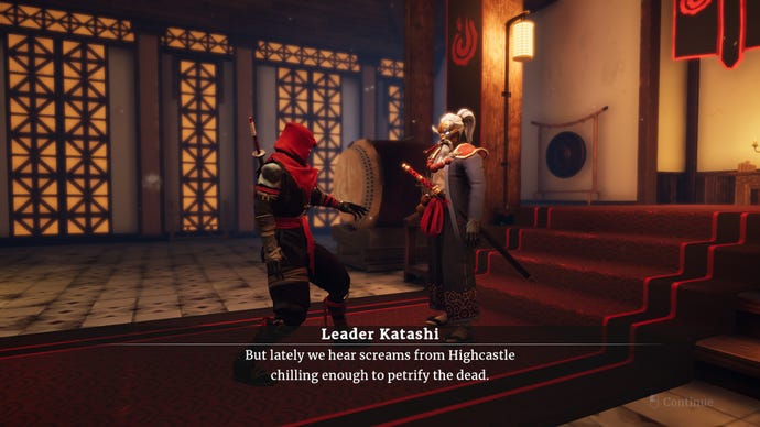 A ninja speaks with the town leader in Aragami 2
