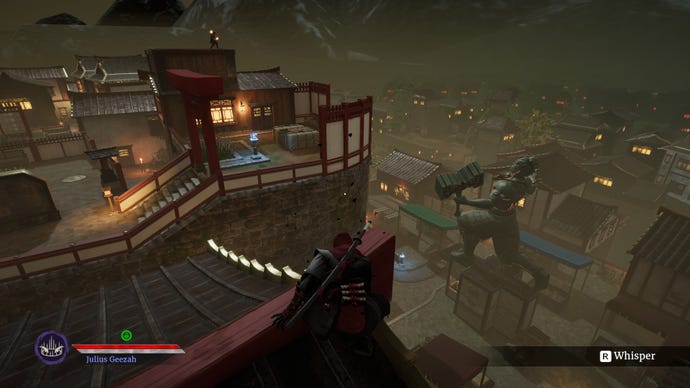 A ninja looks over a town from a rooftop in Aragami 2